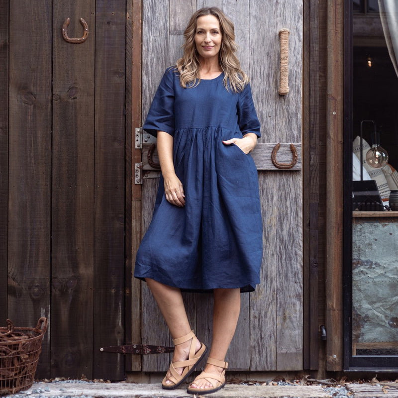 Indigo Blue Short Sleeve Linen Dress